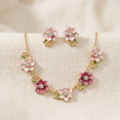 Blushing Cherry Blossom Enamel Floral Collar Necklace & Stud Earrings Jewellery Set | 18K Gold Plated | Anti-Tarnish