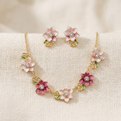 Blushing Cherry Blossom Enamel Floral Collar Necklace & Stud Earrings Jewellery Set - View 3