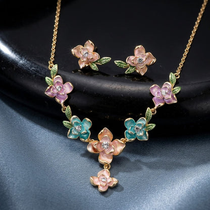 Enchanted Garden Multicolor Enamel Floral Y-Drop Necklace & Leaf Studs Jewellery Set - View 2
