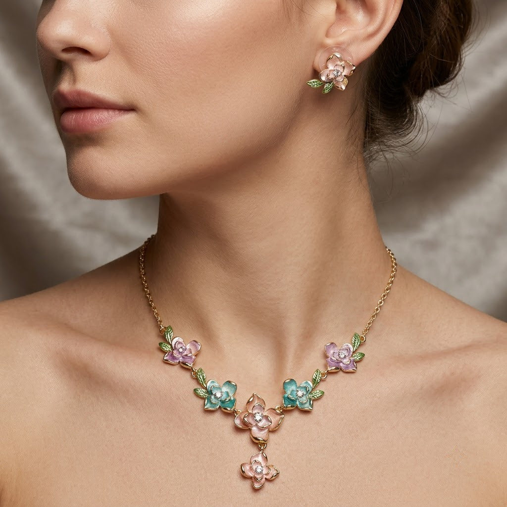 Enchanted Garden Multicolor Enamel Floral Y-Drop Necklace & Leaf Studs Jewellery Set - View 5