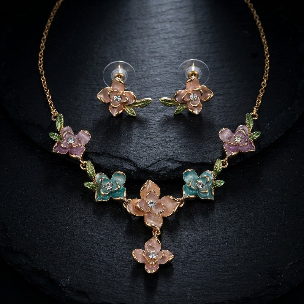 Enchanted Garden Multicolor Enamel Floral Y-Drop Necklace & Leaf Studs Jewellery Set - View 6