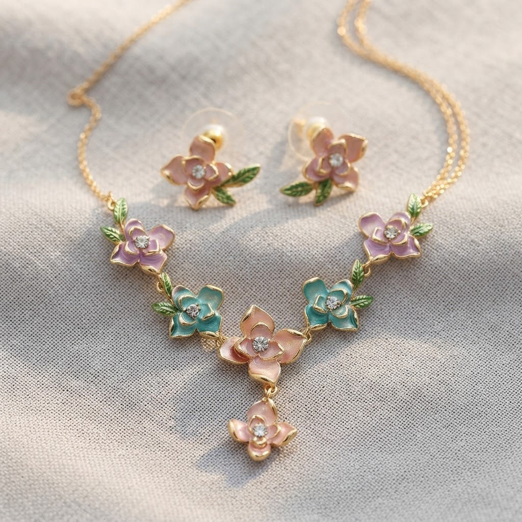 Enchanted Garden Multicolor Enamel Floral Y-Drop Necklace & Leaf Studs Jewellery Set - View 3