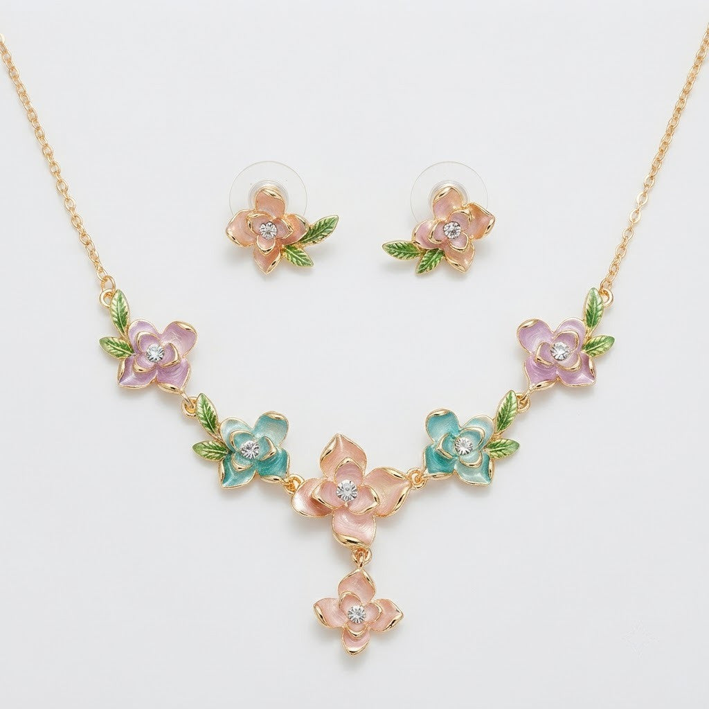 Enchanted Garden Multicolor Enamel Floral Y-Drop Necklace & Leaf Studs Jewellery Set - View 7