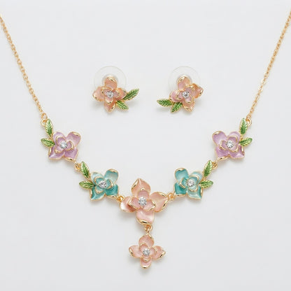 Enchanted Garden Multicolor Enamel Floral Y-Drop Necklace & Leaf Studs Jewellery Set - View 7