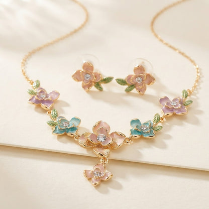 Enchanted Garden Multicolor Enamel Floral Y-Drop Necklace & Leaf Studs Jewellery Set - View 4