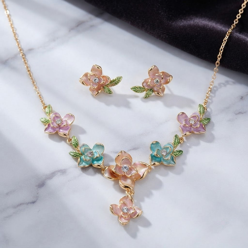 Enchanted Garden Multicolor Enamel Floral Y-Drop Necklace & Leaf Studs Jewellery Set - View 1