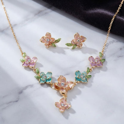 Enchanted Garden Multicolor Enamel Floral Y-Drop Necklace & Leaf Studs Jewellery Set - View 1