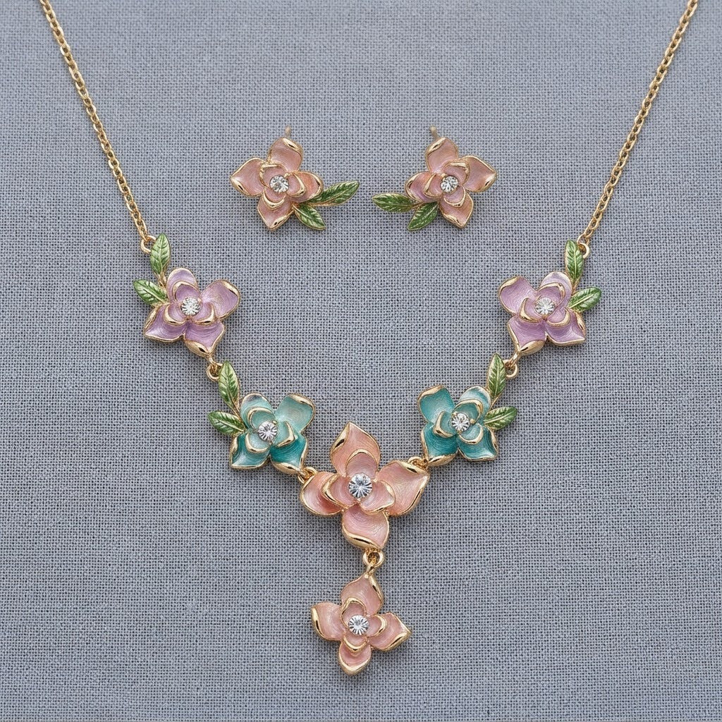 Enchanted Garden Multicolor Enamel Floral Y-Drop Necklace & Leaf Studs Jewellery Set - View 8