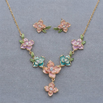 Enchanted Garden Multicolor Enamel Floral Y-Drop Necklace & Leaf Studs Jewellery Set - View 8