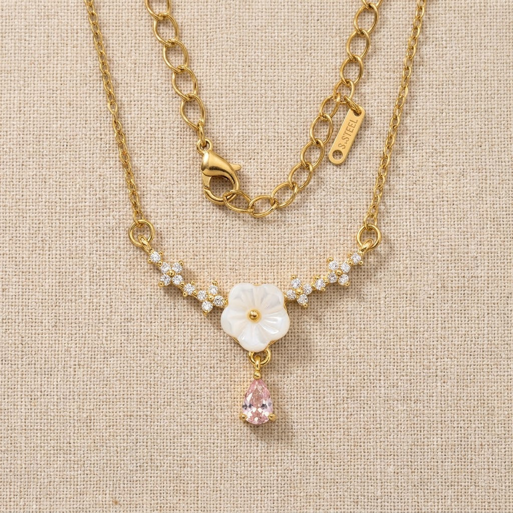 Dainty White Enamel Blossom & Pink Teardrop Garland Necklace - View 8 | ANUSI 18K Gold Jewelry
