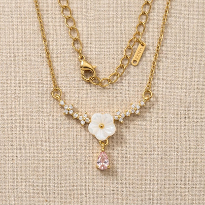 Dainty White Enamel Blossom & Pink Teardrop Garland Necklace - View 8 | ANUSI 18K Gold Jewelry