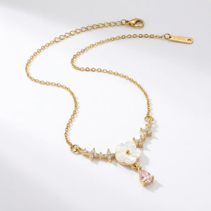 Dainty White Enamel Blossom & Pink Teardrop Garland Necklace - View 7 | ANUSI 18K Gold Jewelry