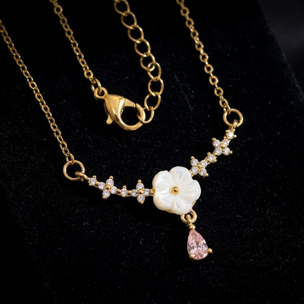 Dainty White Enamel Blossom & Pink Teardrop Garland Necklace - View 6 | ANUSI 18K Gold Jewelry