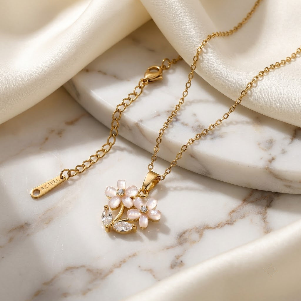 Frosted Crystal Gardenia Blossom Multilayer Necklace - View 1 | ANUSI 18K Gold Jewelry