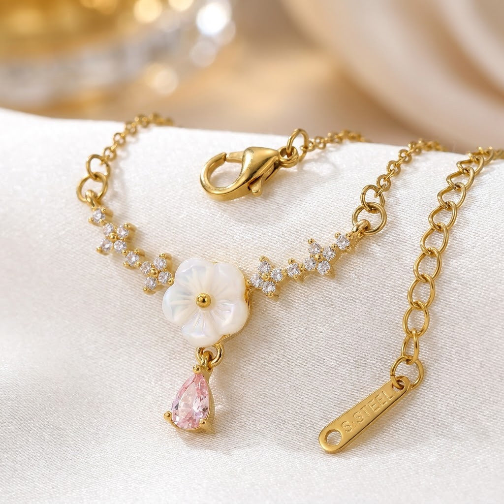 Dainty White Enamel Blossom & Pink Teardrop Garland Necklace - View 4 | ANUSI 18K Gold Jewelry