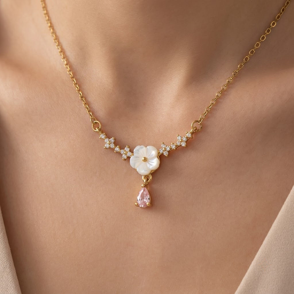 Dainty White Enamel Blossom & Pink Teardrop Garland Necklace - View 5 | ANUSI 18K Gold Jewelry