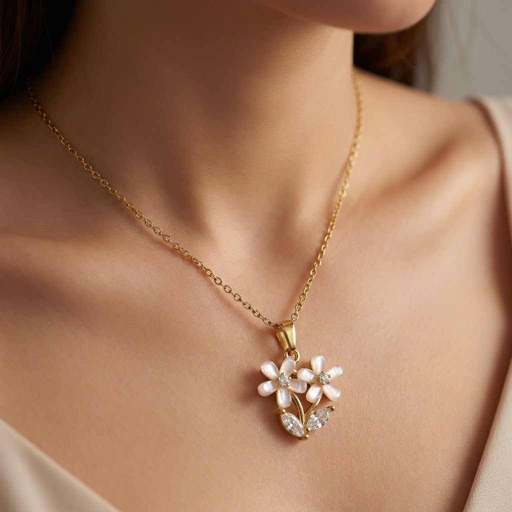 Frosted Crystal Gardenia Blossom Multilayer Necklace - View 5 | ANUSI 18K Gold Jewelry