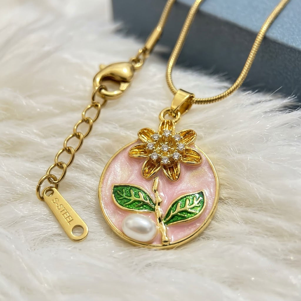 Peach Blossom & Pearl Miniature Garden Medallion Necklace - View 4 | ANUSI 18K Gold Jewelry
