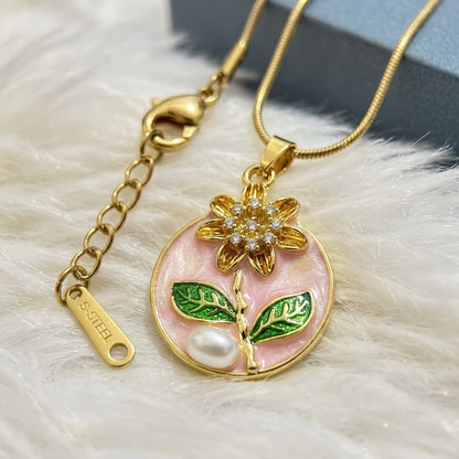Peach Blossom & Pearl Miniature Garden Medallion Necklace - View 4 | ANUSI 18K Gold Jewelry