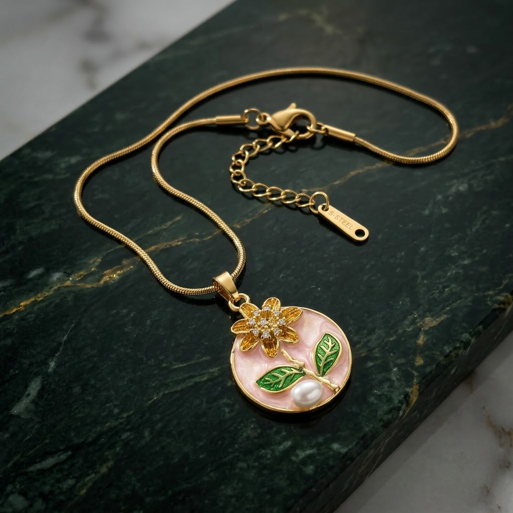 Peach Blossom & Pearl Miniature Garden Medallion Necklace - View 2 | ANUSI 18K Gold Jewelry