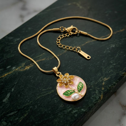 Peach Blossom & Pearl Miniature Garden Medallion Necklace - View 2 | ANUSI 18K Gold Jewelry