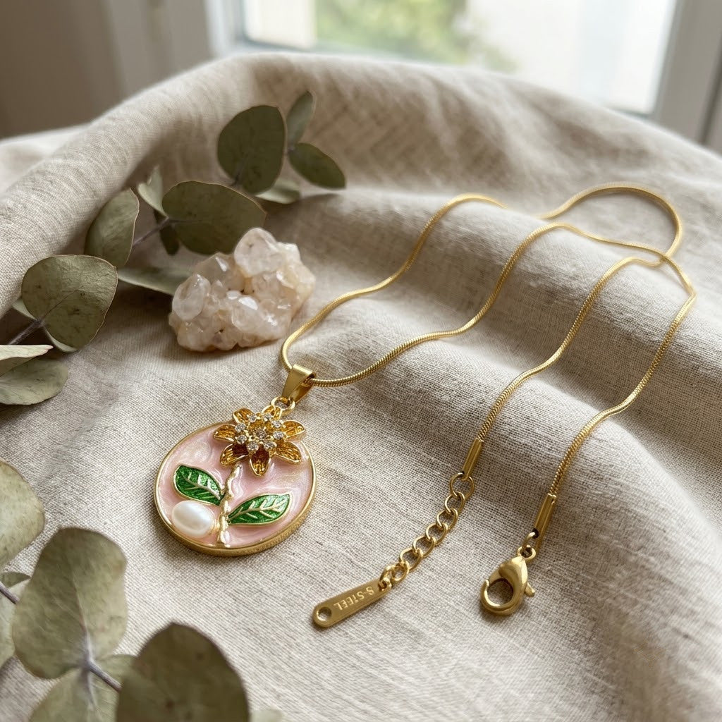 Peach Blossom & Pearl Miniature Garden Medallion Necklace - View 3 | ANUSI 18K Gold Jewelry