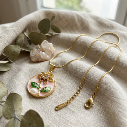 Peach Blossom & Pearl Miniature Garden Medallion Necklace - View 3 | ANUSI 18K Gold Jewelry