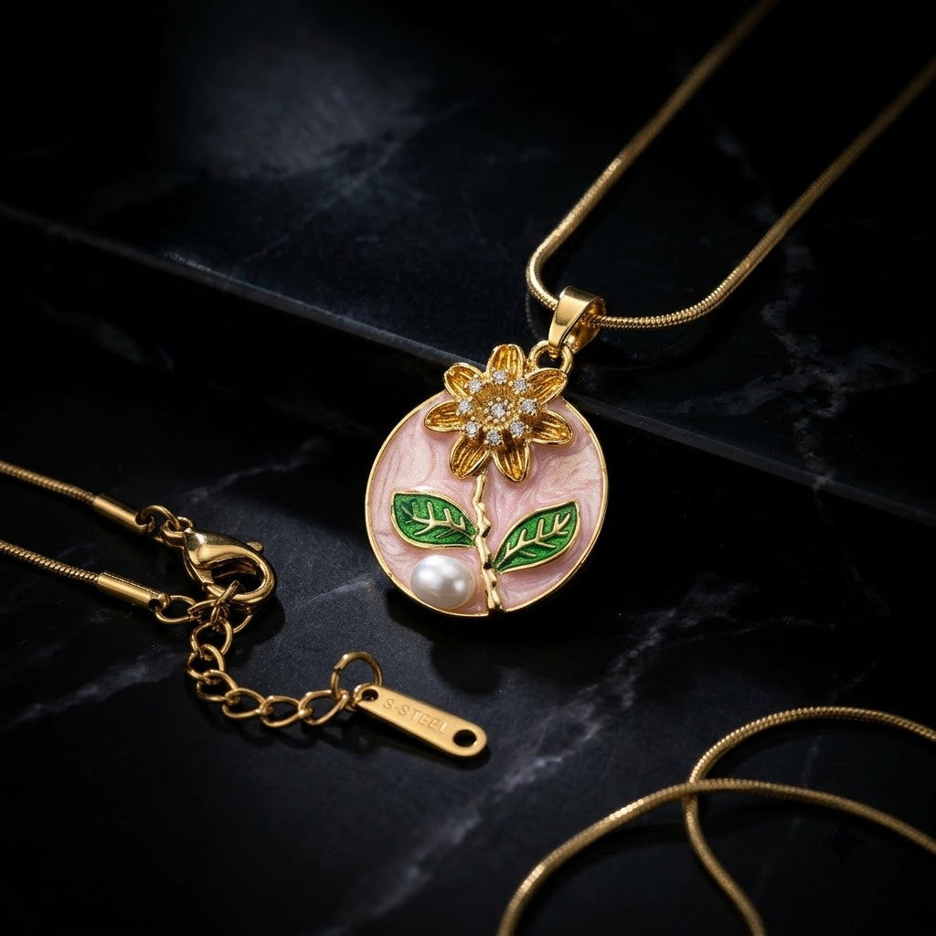 Peach Blossom & Pearl Miniature Garden Medallion Necklace - View 6 | ANUSI 18K Gold Jewelry