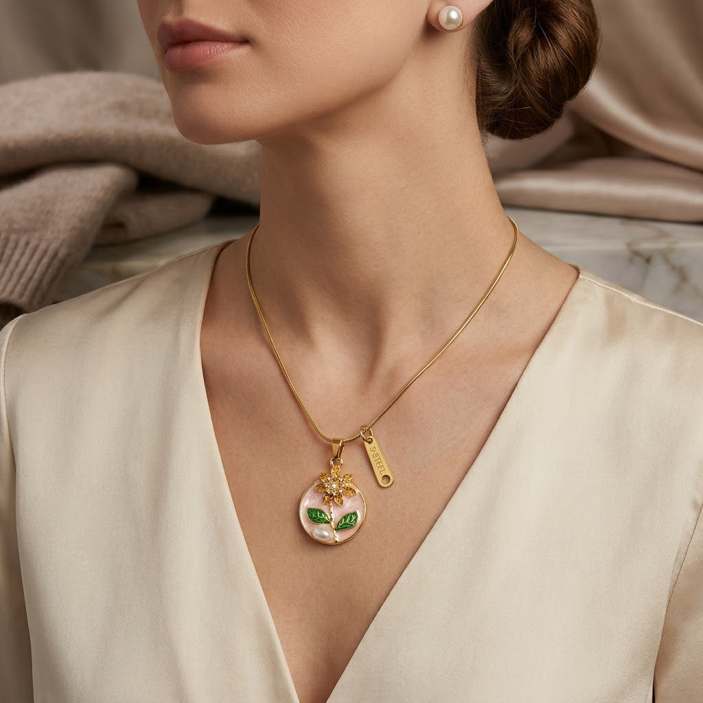 Peach Blossom & Pearl Miniature Garden Medallion Necklace - View 5 | ANUSI 18K Gold Jewelry