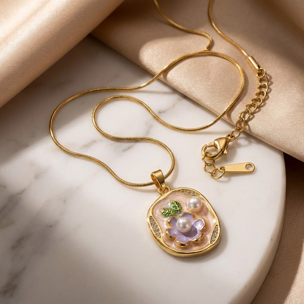 Vintage Floral Cameo Pearl Accent Oval Medallion Necklace - View 1 | ANUSI 18K Gold Jewelry