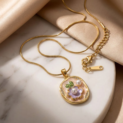 Vintage Floral Cameo Pearl Accent Oval Medallion Necklace - View 1 | ANUSI 18K Gold Jewelry