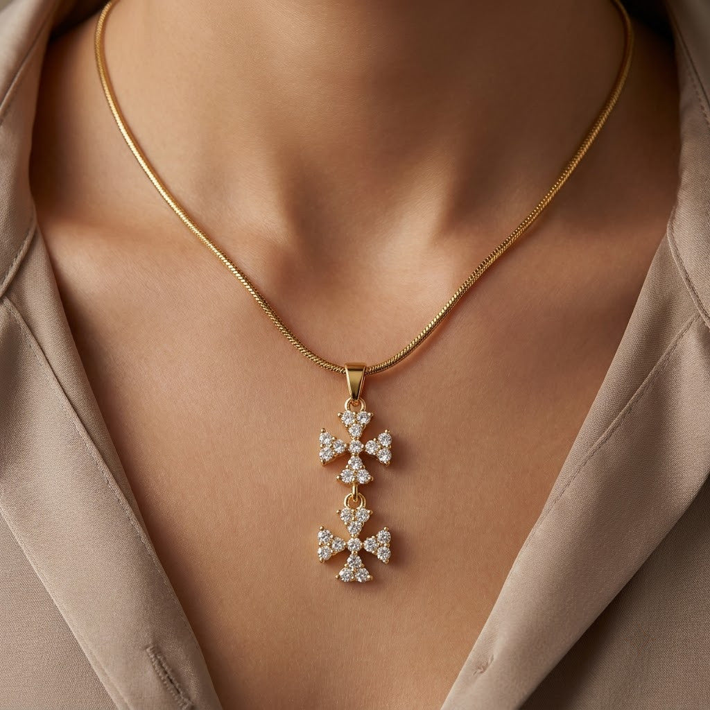 Tiered Triple Crystal Butterfly Cascading Pendant Necklace - View 5 | ANUSI 18K Gold Jewelry