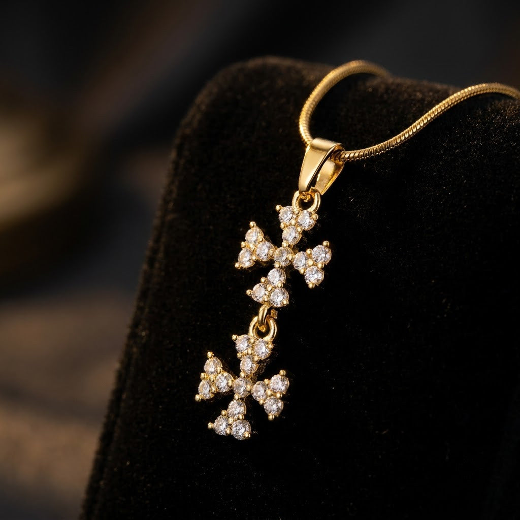 Tiered Triple Crystal Butterfly Cascading Pendant Necklace - View 6 | ANUSI 18K Gold Jewelry