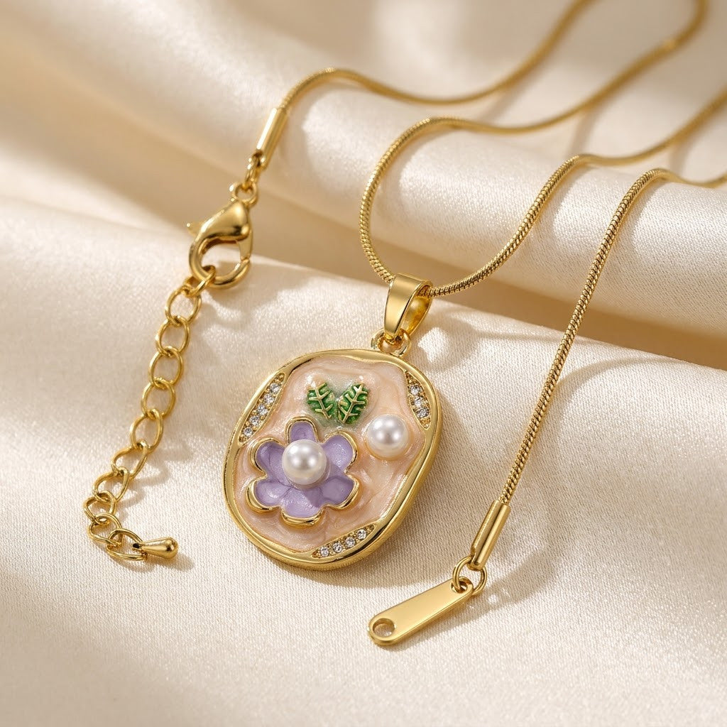 Vintage Floral Cameo Pearl Accent Oval Medallion Necklace - View 2 | ANUSI 18K Gold Jewelry