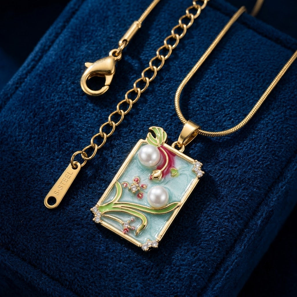 Pastel Meadow Enamel Framed Art Miniature Necklace - View 1 | ANUSI 18K Gold Jewelry