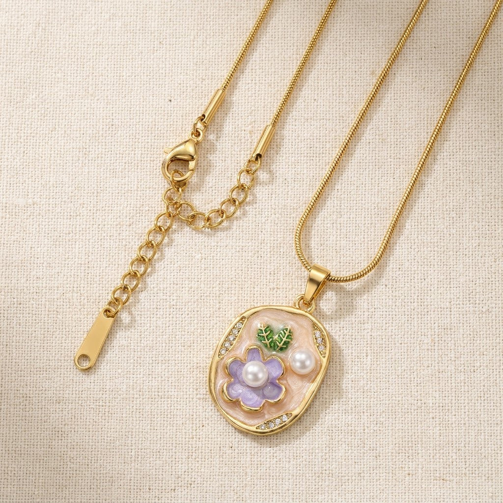 Vintage Floral Cameo Pearl Accent Oval Medallion Necklace - View 8 | ANUSI 18K Gold Jewelry