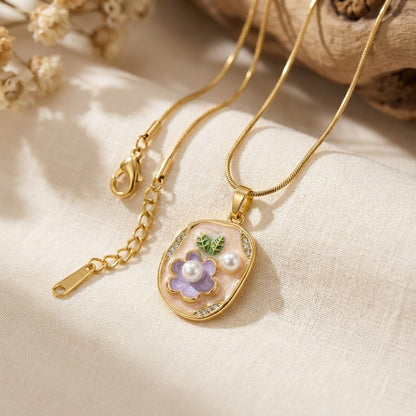 Vintage Floral Cameo Pearl Accent Oval Medallion Necklace - View 3 | ANUSI 18K Gold Jewelry