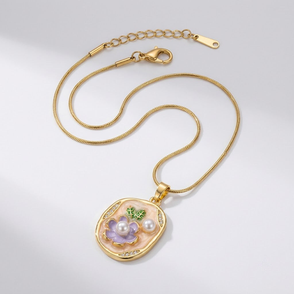 Vintage Floral Cameo Pearl Accent Oval Medallion Necklace - View 7 | ANUSI 18K Gold Jewelry