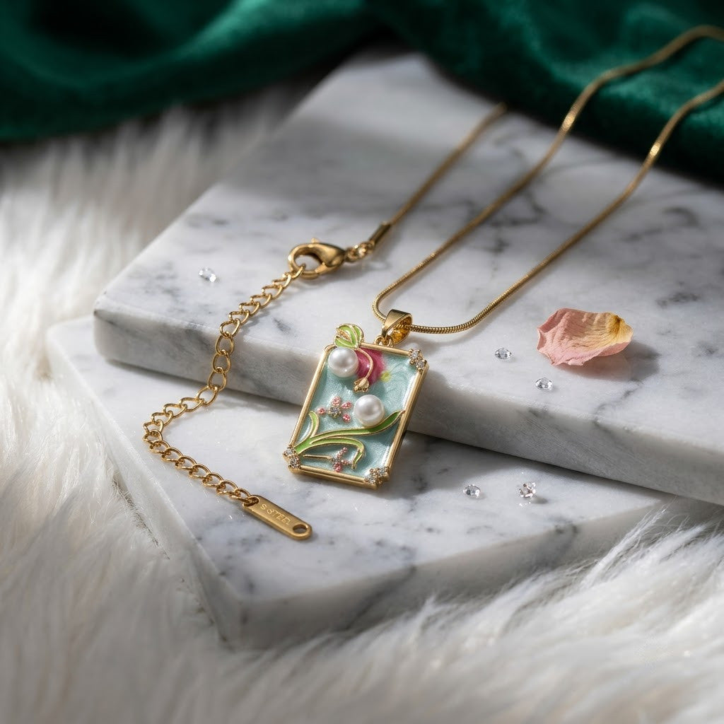 Pastel Meadow Enamel Framed Art Miniature Necklace - View 2 | ANUSI 18K Gold Jewelry