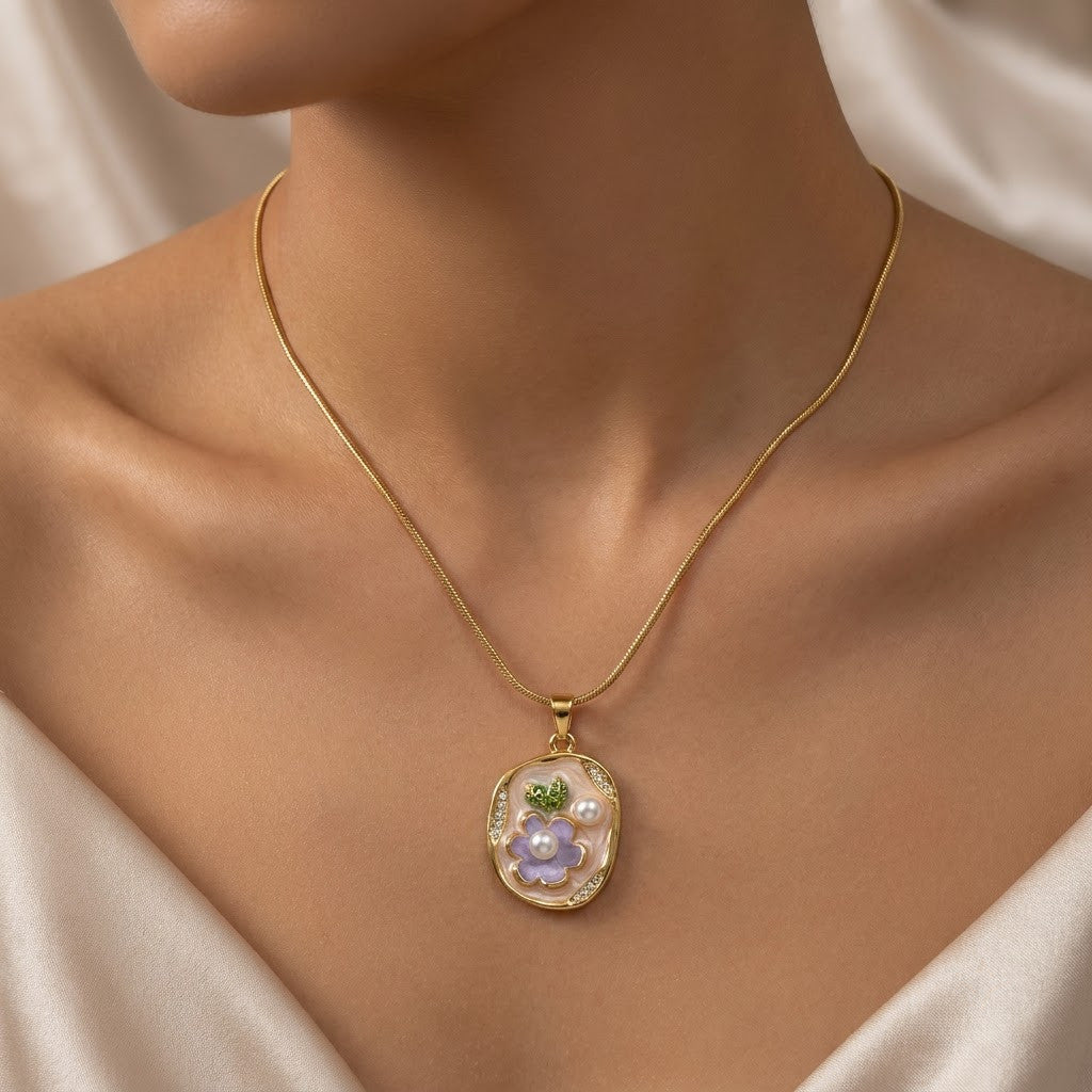 Vintage Floral Cameo Pearl Accent Oval Medallion Necklace - View 5 | ANUSI 18K Gold Jewelry