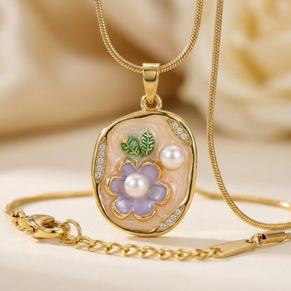 Vintage Floral Cameo Pearl Accent Oval Medallion Necklace - View 4 | ANUSI 18K Gold Jewelry