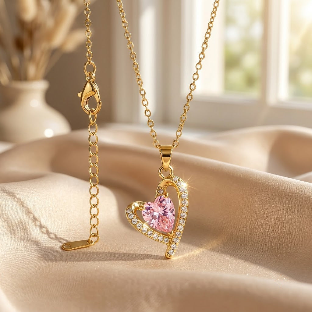 Blush Pink Sapphire Heart & Micropavé Halo Necklace - View 3 | ANUSI 18K Gold Jewelry