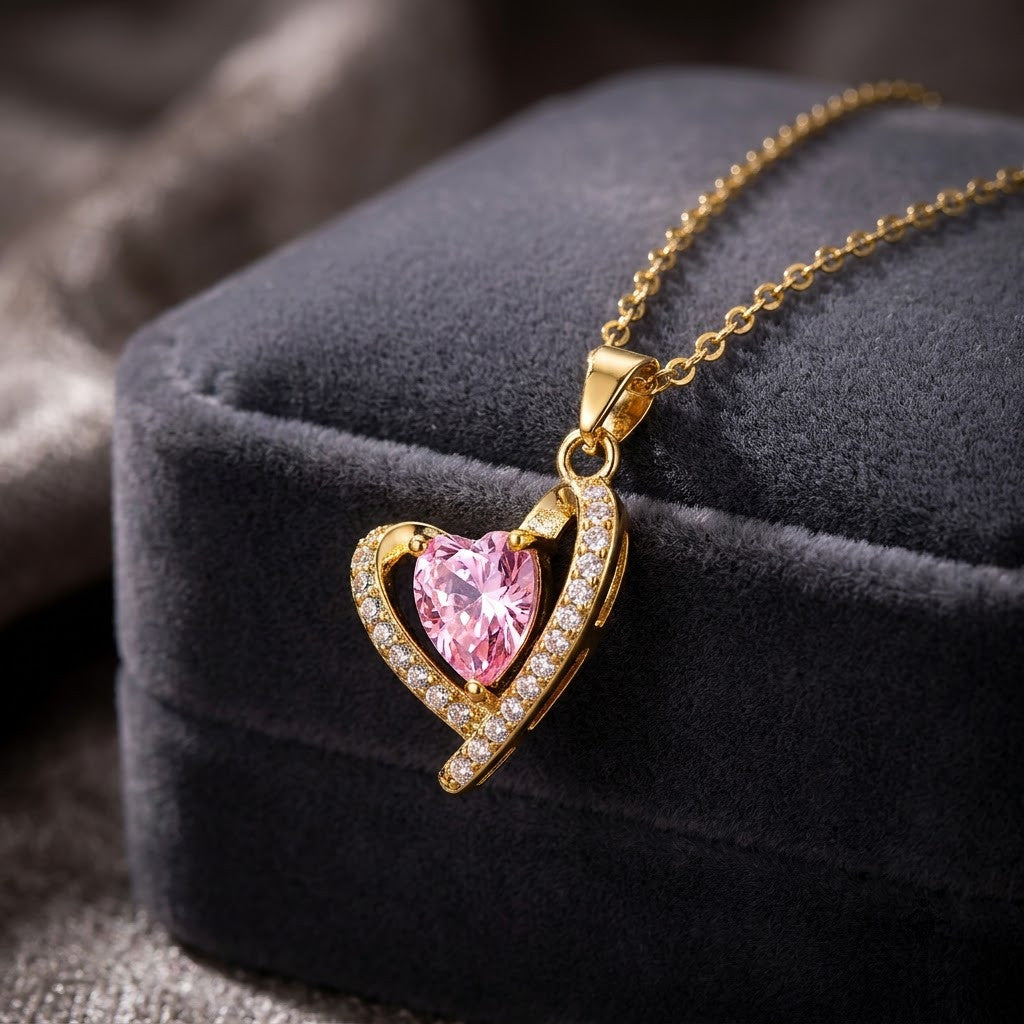 Blush Pink Sapphire Heart & Micropavé Halo Necklace - View 2 | ANUSI 18K Gold Jewelry