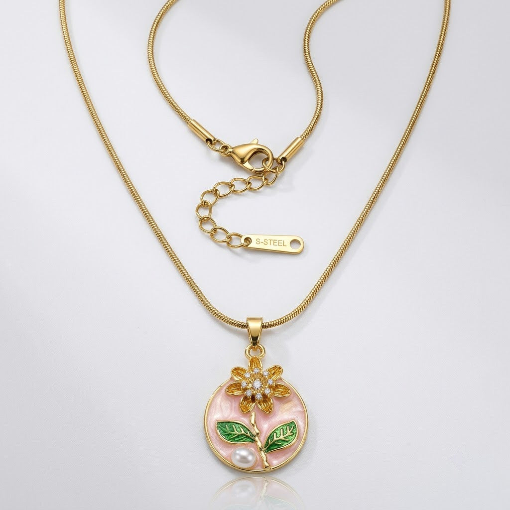 Peach Blossom & Pearl Miniature Garden Medallion Necklace - View 7 | ANUSI 18K Gold Jewelry
