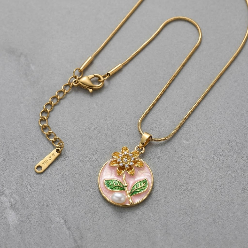Peach Blossom & Pearl Miniature Garden Medallion Necklace - View 8 | ANUSI 18K Gold Jewelry