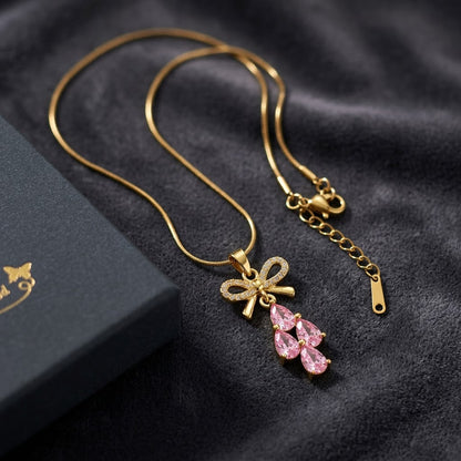 Couture Ribbon Bow & Blush Pink Gemstone Drop Necklace - View 2 | ANUSI 18K Gold Jewelry