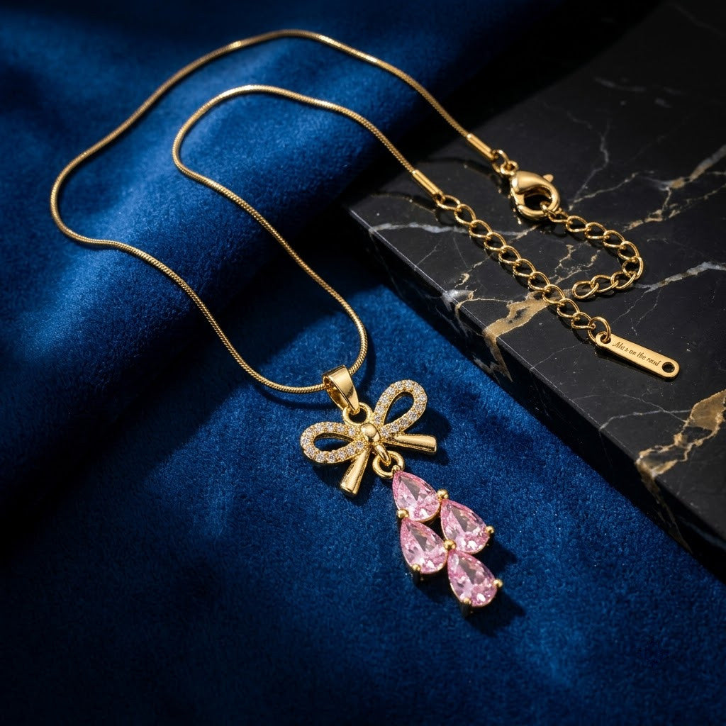 Couture Ribbon Bow & Blush Pink Gemstone Drop Necklace - View 1 | ANUSI 18K Gold Jewelry