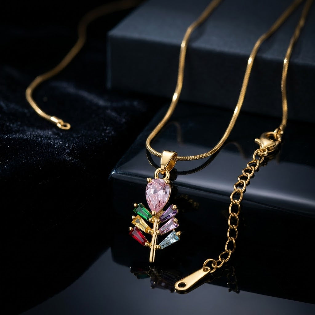 Prismatic Crystal Plume Feather & Rose Drop Necklace - View 6 | ANUSI 18K Gold Jewelry