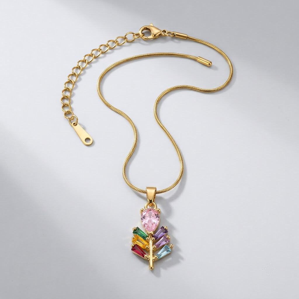 Prismatic Crystal Plume Feather & Rose Drop Necklace - View 7 | ANUSI 18K Gold Jewelry