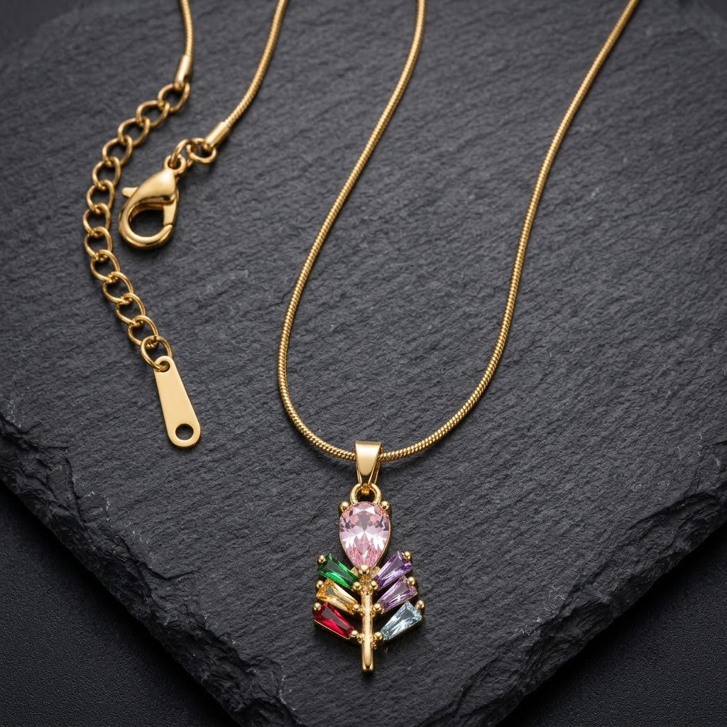 Prismatic Crystal Plume Feather & Rose Drop Necklace - View 8 | ANUSI 18K Gold Jewelry